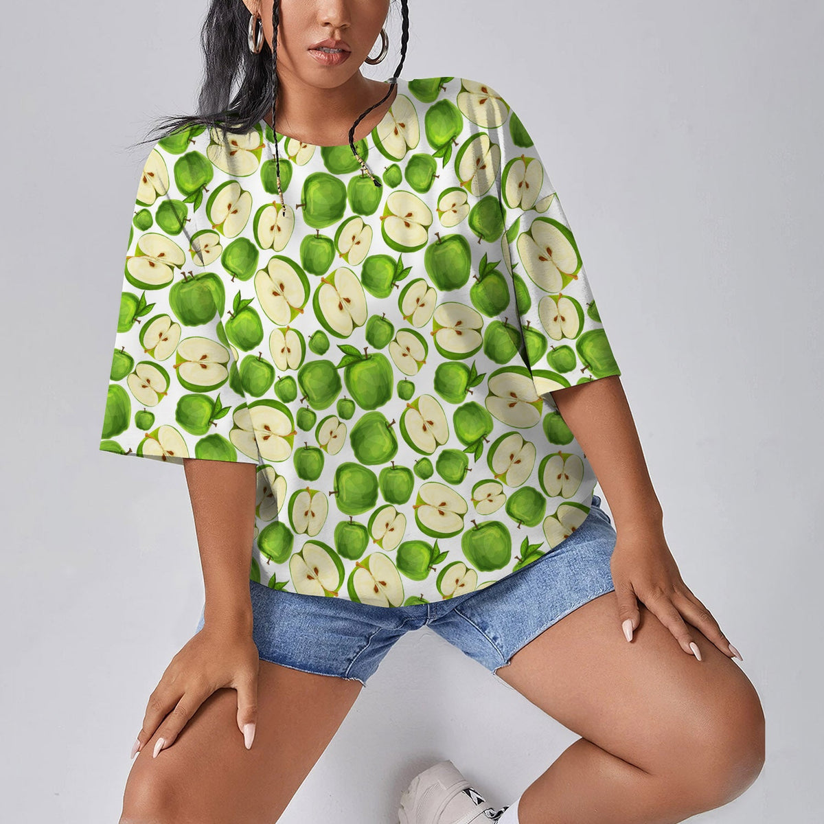 Apple Green Pattern Women Oversized T-Shirt | Printed Graphic Tees